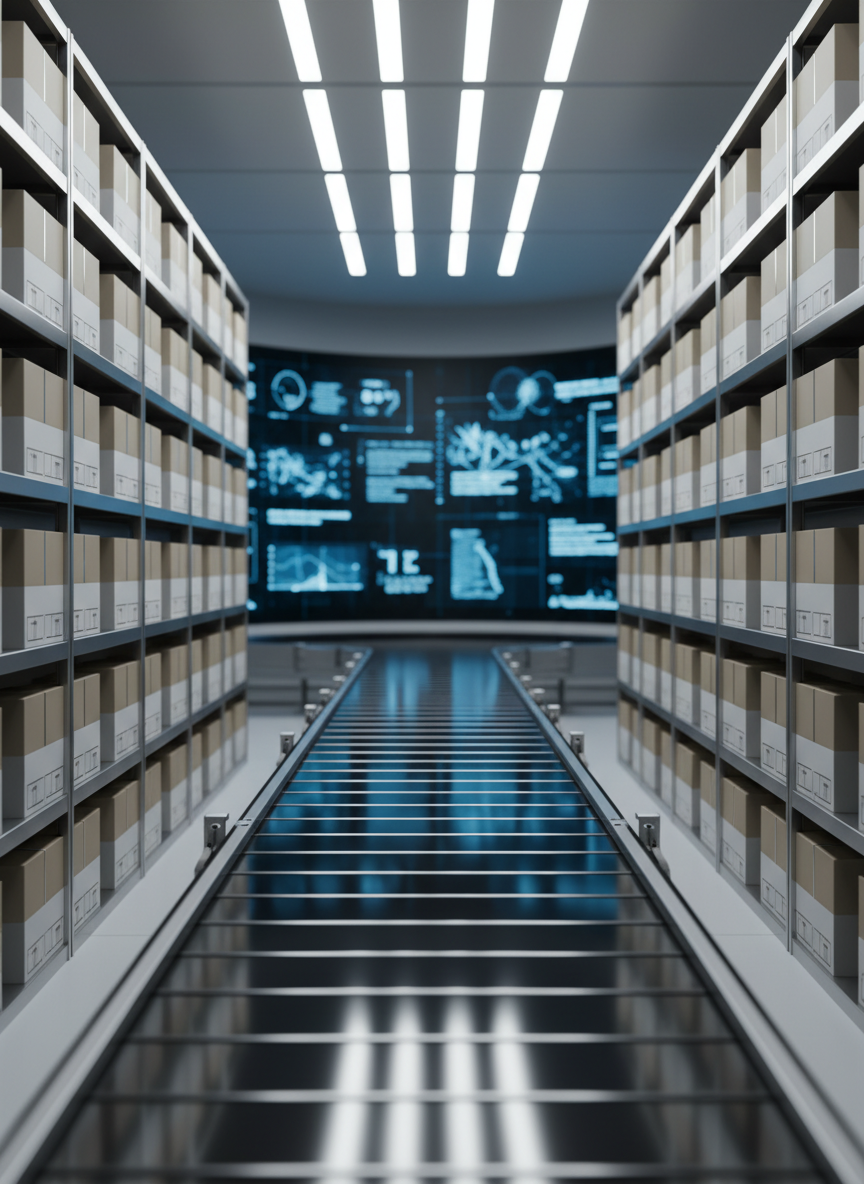 A sleek, high-tech warehouse interior featuring tall, metallic shelving units filled with neatly organized, unbranded professional product boxes in neutral tones. In the center, a glossy black automated conveyor system curves gracefully through the space, its surface reflecting overhead LED strip lights. Large digital dashboards on the far wall display abstract graphs and network maps in cool blues and whites, slightly out of focus. The scene is captured in photographic realism from a slightly elevated angle, with sharp focus in the foreground and a gentle blur toward the back, creating a sense of depth. Bright, even artificial lighting produces crisp, clean shadows, conveying an atmosphere of precision, reliability, and elite logistical efficiency.