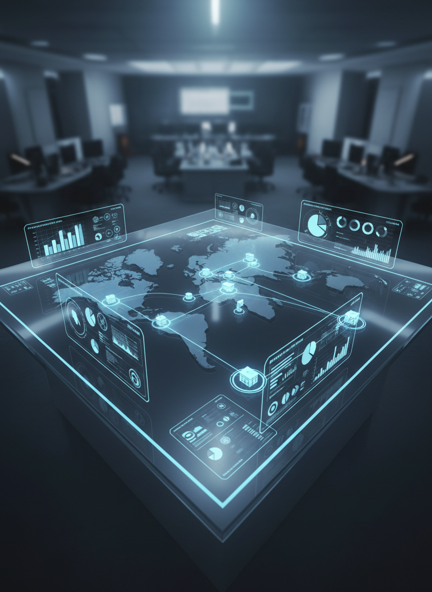 An expansive, bird’s-eye view of a modern logistics hub map displayed on a large, ultra-wide glass control table. Thin, luminous lines in electric blue connect stylized, minimalistic warehouse icons and destination nodes across a dark, textured world map surface, symbolizing an elite product distribution network. Subtle holographic-style data panels float inches above the glass, slightly translucent with charts and route analytics. The room around the table is intentionally blurred, suggesting a clean, high-tech operations environment. Soft, cool overhead lighting combines with gentle under-glow from beneath the glass table, producing a futuristic yet professional mood. Photographic realism with a slight cinematic flair, sharp detail on the map’s surface and glowing routes, captured from a high angle that emphasizes reach, connectivity, and precision.