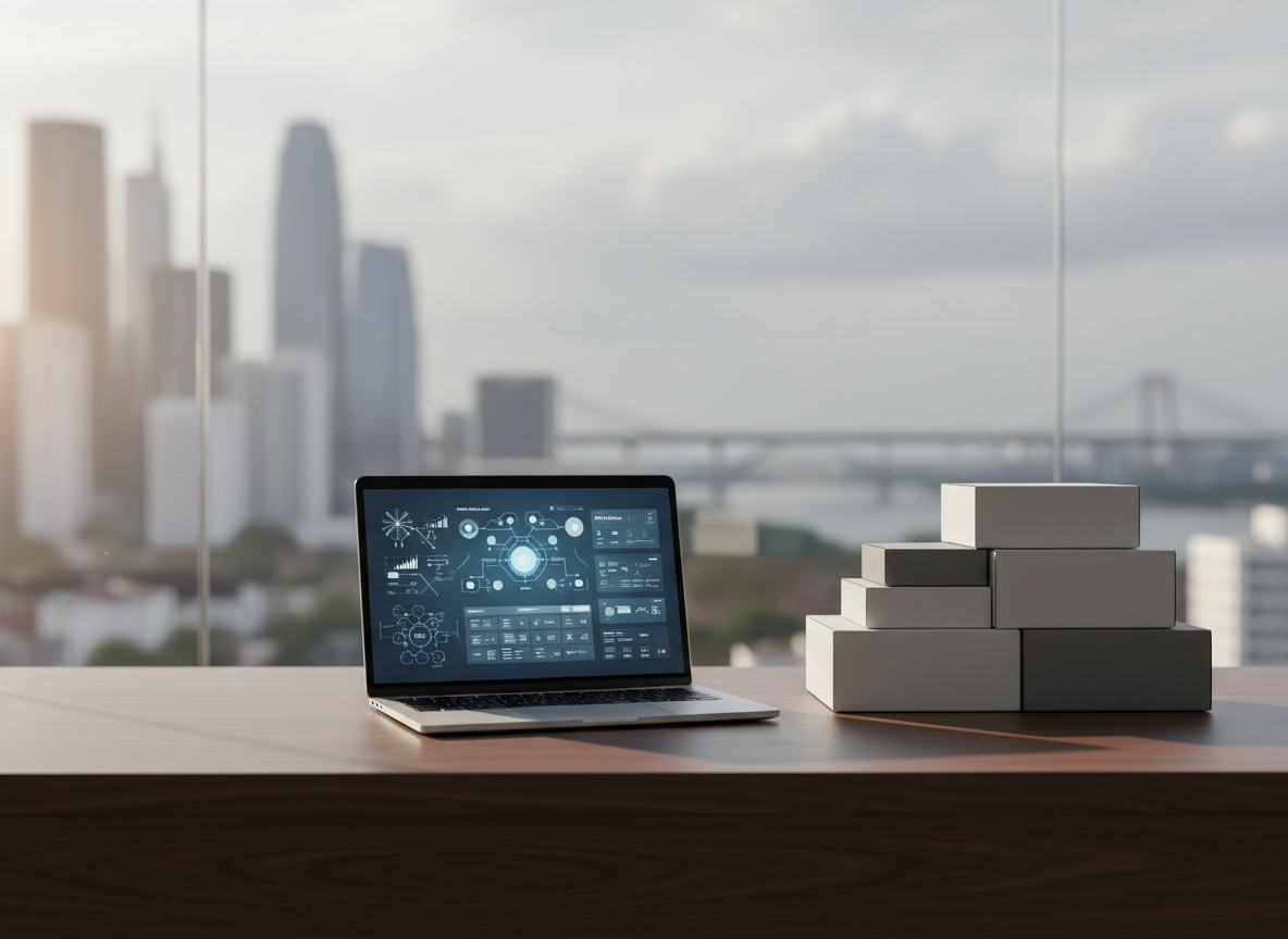 A minimalist, executive-style office desk scene representing strategic product distribution planning. On a dark walnut desk with a subtle satin finish rests a thin, silver laptop displaying a stylized, abstract dashboard of distribution metrics and network diagrams in blues and grays. Beside it, a stack of neatly arranged, unbranded product boxes in varying sizes forms a precise geometric composition. A glass wall in the background reveals a blurred suggestion of a modern city skyline. Soft afternoon daylight filters in from the left, casting elongated, gentle shadows across the desk surface and creating delicate reflections on the laptop’s metallic body. Photographic realism, eye-level composition with shallow depth of field that keeps the desk items in sharp focus while maintaining a calm, professional, elite corporate atmosphere.