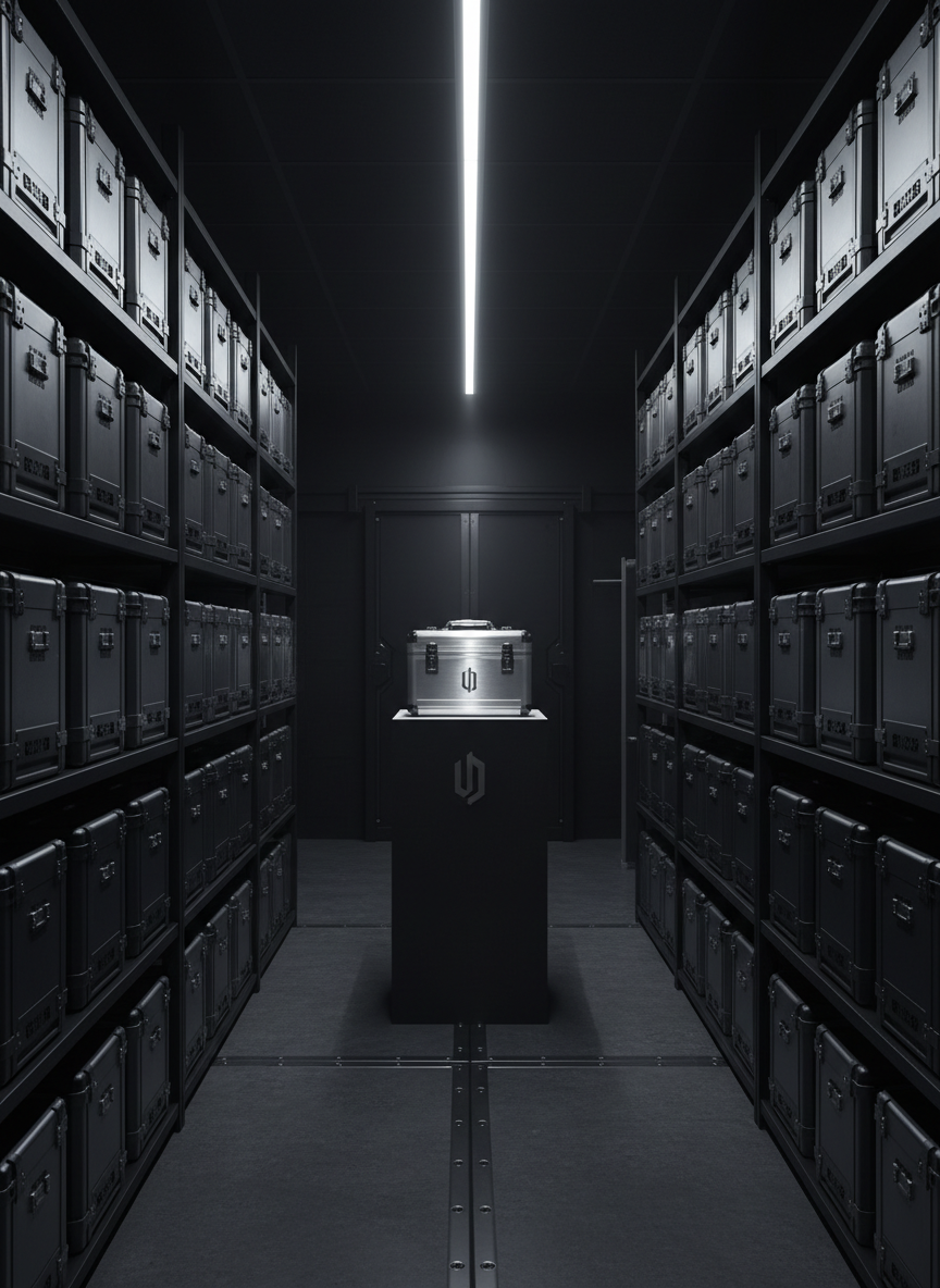 An ultra-organized interior of a high-security product vault, emphasizing elite professional goods. Matte-black reinforced shelving holds uniformly spaced, unbranded cases and containers in dark grays and brushed metal, each featuring precise embossed serial numbers and subtle locking mechanisms. A central, waist-height pedestal supports a single, spotlighted case with a polished metal finish, symbolizing a premium flagship product. The environment is lit by cool, focused overhead LED panels and a narrow beam accent light on the central case, creating dramatic, controlled shadows and crisp highlights. Shot in photographic realism from a slightly low angle to enhance importance and security, with sharp focus and a clean, monochromatic palette. The mood is exclusive, precise, and highly professional, conveying trust and top-tier protection within an elite distribution ecosystem.