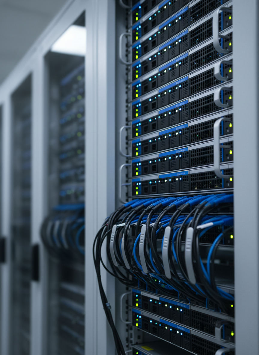 A close-up, photographic shot of a matte-silver network server rack filled with neatly aligned hardware modules and glowing indicator lights in cool blue and soft white, symbolizing a digital distribution backbone. Thick, carefully routed black and blue data cables run in perfectly organized bundles, secured with minimalist cable management. The background fades into a soft bokeh of additional racks, emphasizing scale without distraction. Cool, diffused overhead lighting creates subtle reflections on metallic surfaces and emphasized edges on each component. The mood is ultra-professional, secure, and technologically advanced. Framed using the rule of thirds, the primary server panel occupies the right side of the image, drawing the eye along the glowing light pattern across the frame in a clean, modern, photographic realism style.